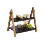 Houten serveerstandaard, 2-laags met natuurstenen plateau's