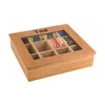 Houten theebox met 12 vakken, licht hout